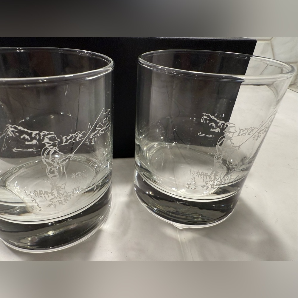 Selbrae House Clear Etched Glass Fishing Tumblers NEW Liquor Scotland Flyfish